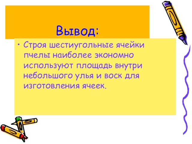 Вывод: Строя шестиугольные ячейки пчелы наиболее экономно используют площадь внутри небольшого улья