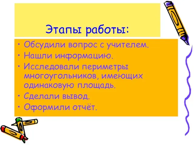 Этапы работы: Обсудили вопрос с учителем. Нашли информацию. Исследовали периметры многоугольников, имеющих