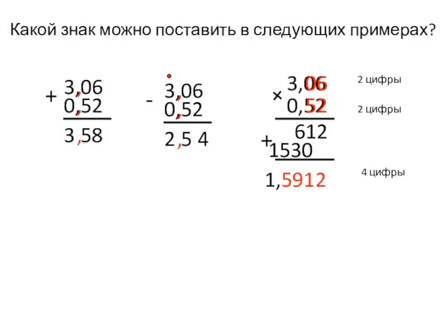 Какой знак можно поставить в следующих примерах? 0,52 3,06 + 3,58 ,