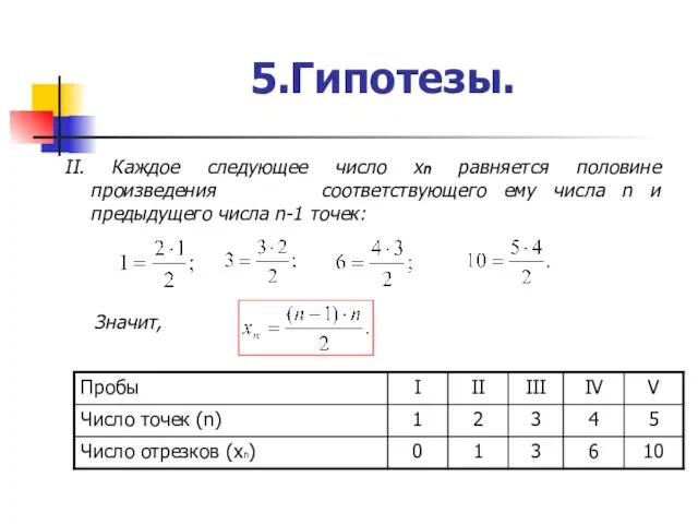 5.Гипотезы. II. Каждое следующее число хn равняется половине произведения соответствующего ему числа