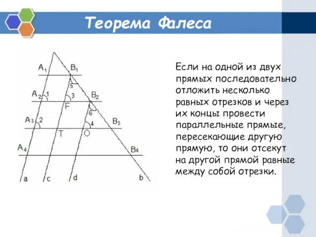 Теорема Фалеса Если на одной из двух прямых последовательно отложить несколько равных