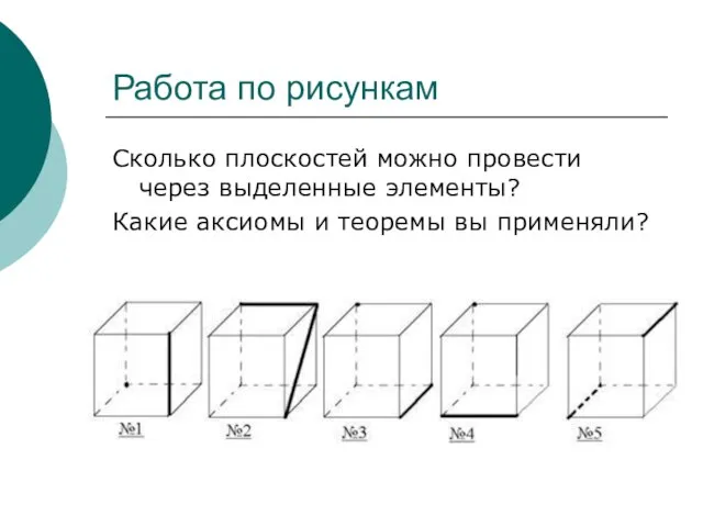 Работа по рисункам Сколько плоскостей можно провести через выделенные элементы? Какие аксиомы и теоремы вы применяли?