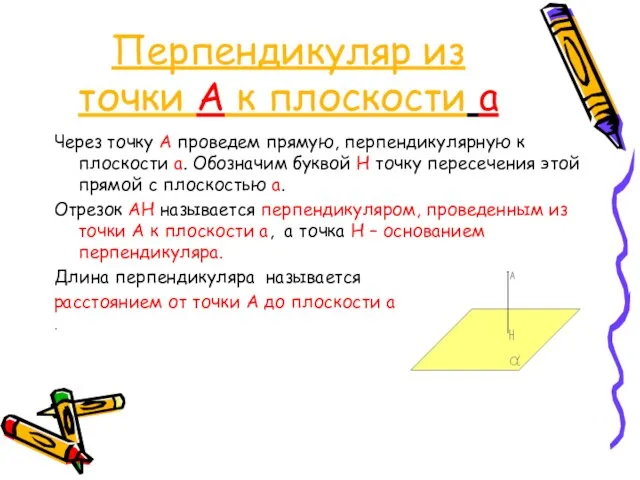 Перпендикуляр из точки А к плоскости a Через точку А проведем прямую,