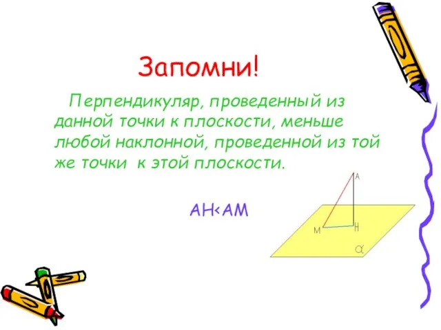 Запомни! Перпендикуляр, проведенный из данной точки к плоскости, меньше любой наклонной, проведенной