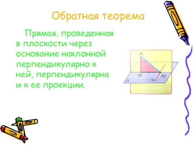 Обратная теорема Прямая, проведенная в плоскости через основание наклонной перпендикулярно к ней,