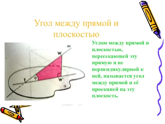 Угол между прямой и плоскостью Углом между прямой и плоскостью, пересекающей эту