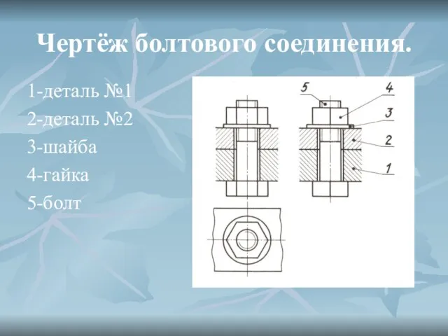 Чертёж болтового соединения. 1-деталь №1 2-деталь №2 3-шайба 4-гайка 5-болт