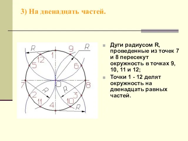 3) На двенадцать частей. Дуги радиусом R, проведенные из точек 7 и