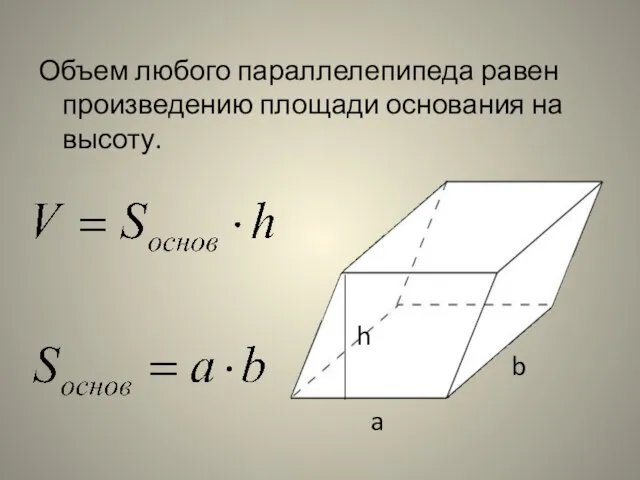 Объем любого параллелепипеда равен произведению площади основания на высоту. b a h