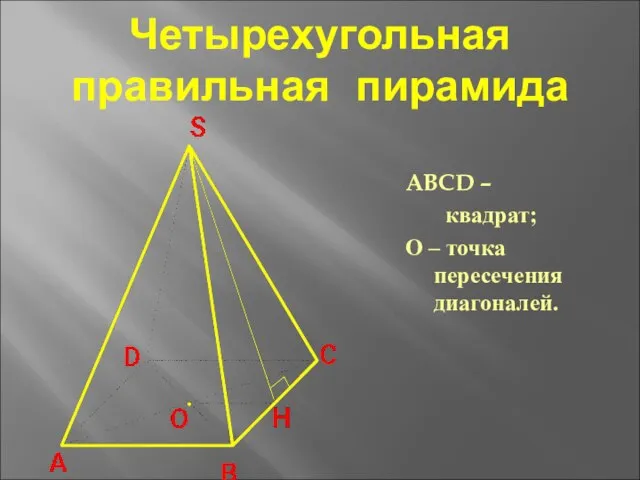 Четырехугольная правильная пирамида ABCD – квадрат; О – точка пересечения диагоналей.