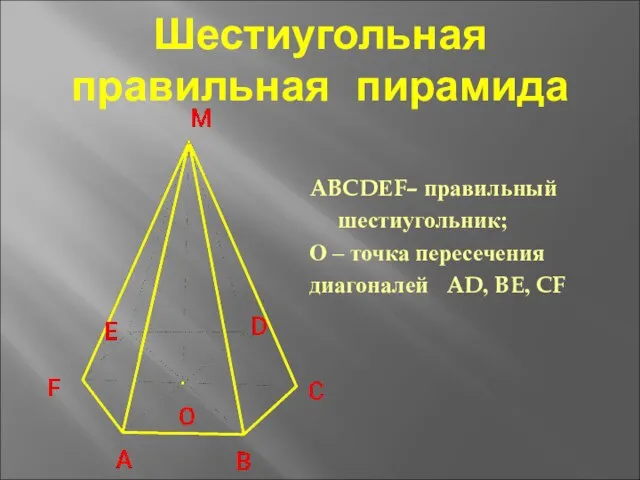 Шестиугольная правильная пирамида ABCDЕF– правильный шестиугольник; О – точка пересечения диагоналей AD, BE, CF