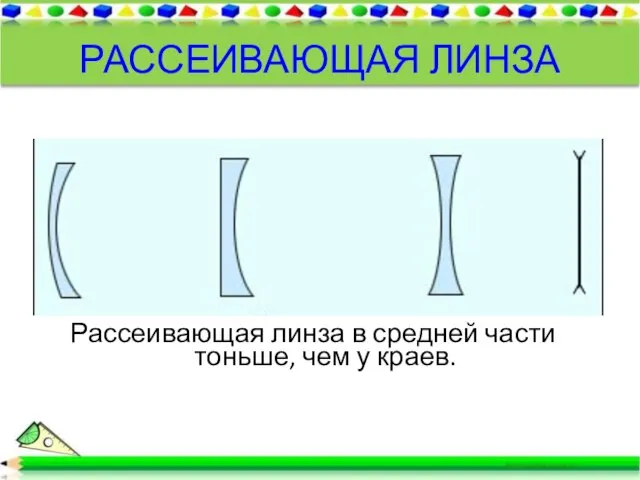 РАССЕИВАЮЩАЯ ЛИНЗА Рассеивающая линза в средней части тоньше, чем у краев.