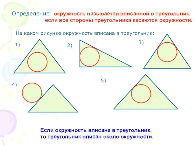 Определение: окружность называется вписанной в треугольник, если все стороны треугольника касаются окружности.