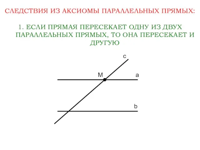 СЛЕДСТВИЯ ИЗ АКСИОМЫ ПАРАЛЛЕЛЬНЫХ ПРЯМЫХ: 1. ЕСЛИ ПРЯМАЯ ПЕРЕСЕКАЕТ ОДНУ ИЗ ДВУХ