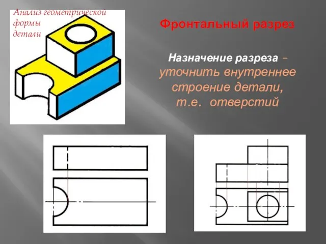 Фронтальный разрез Назначение разреза – уточнить внутреннее строение детали, т.е. отверстий Анализ геометрической формы детали