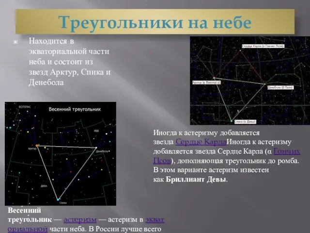 Треугольники на небе Находится в экваториальной части неба и состоит из звезд