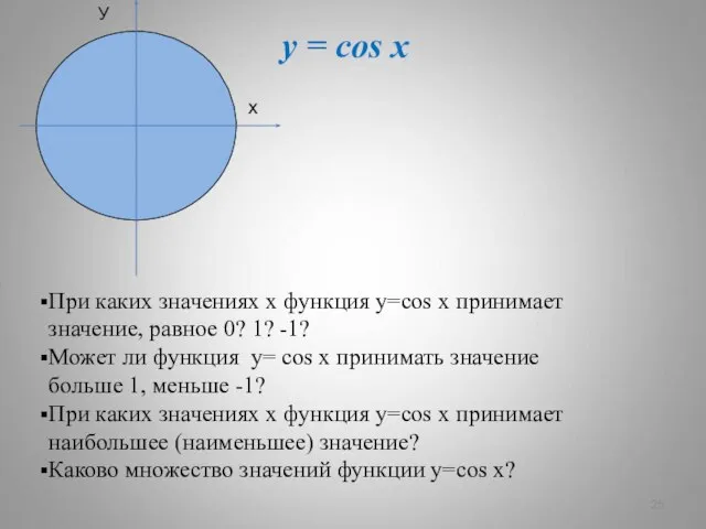 У х y = cos x При каких значениях х функция у=cos