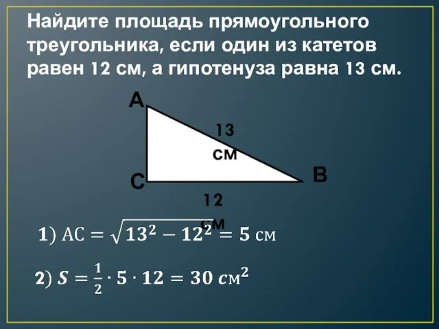 Найдите площадь прямоугольного треугольника, если один из катетов равен 12 см, а