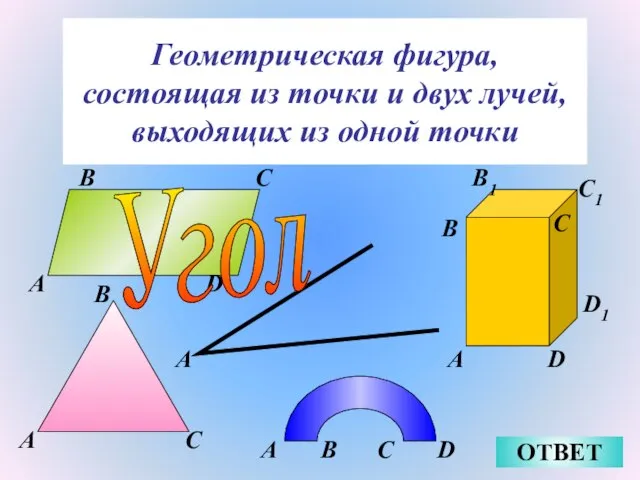 Геометрическая фигура, состоящая из точки и двух лучей, выходящих из одной точки ОТВЕТ A Угол