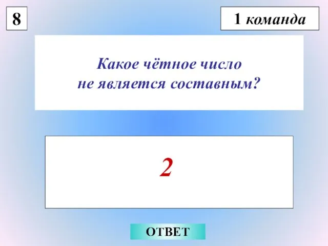 8 1 команда Какое чётное число не является составным? 2 ОТВЕТ