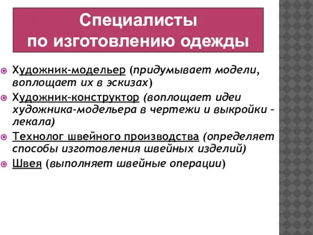 Художник-модельер (придумывает модели, воплощает их в эскизах) Художник-конструктор (воплощает идеи художника-модельера в