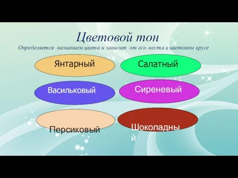 Цветовой тон Определяется названием цвета и зависит от его места в цветовом