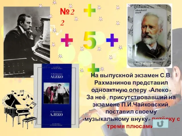 + + 5 + + На выпускной экзамен С.В. Рахманинов представил одноактную