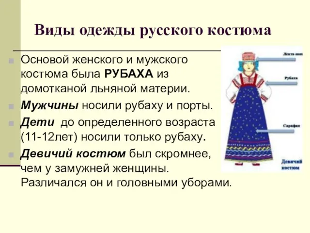 Виды одежды русского костюма Основой женского и мужского костюма была РУБАХА из