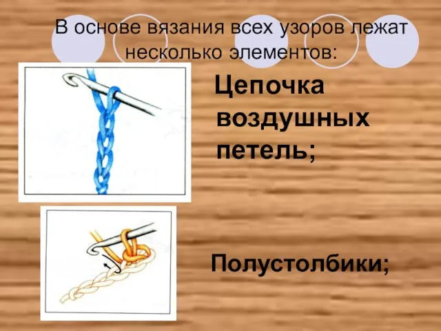 В основе вязания всех узоров лежат несколько элементов: Цепочка воздушных петель; Полустолбики;