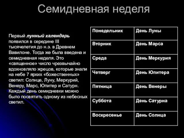 Семидневная неделя Первый лунный календарь появился в середине III тысячелетия до н.э.