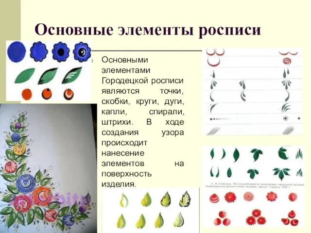 Основные элементы росписи Основными элементами Городецкой росписи являются точки, скобки, круги, дуги,