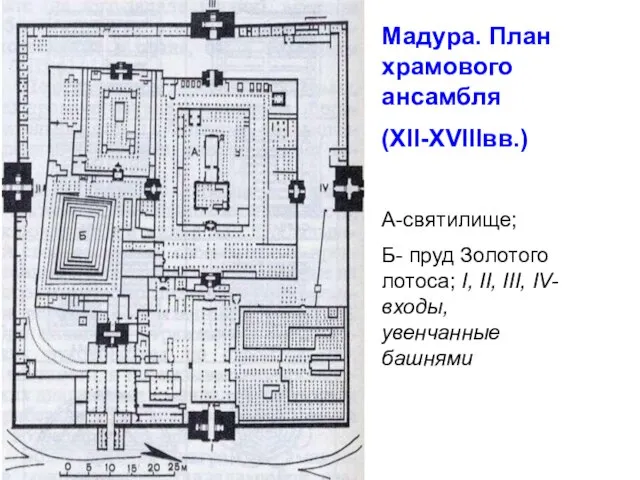 Мадура. План храмового ансамбля (XII-ХVIIIвв.) А-cвятилище; Б- пруд Золотого лотоса; I, II, III, IV-входы, увенчанные башнями