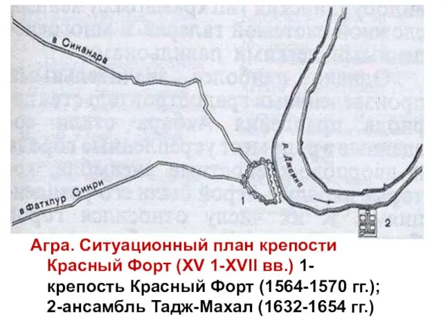 Агра. Ситуационный план крепости Красный Форт (XV 1-ХVII вв.) 1-крепость Красный Форт