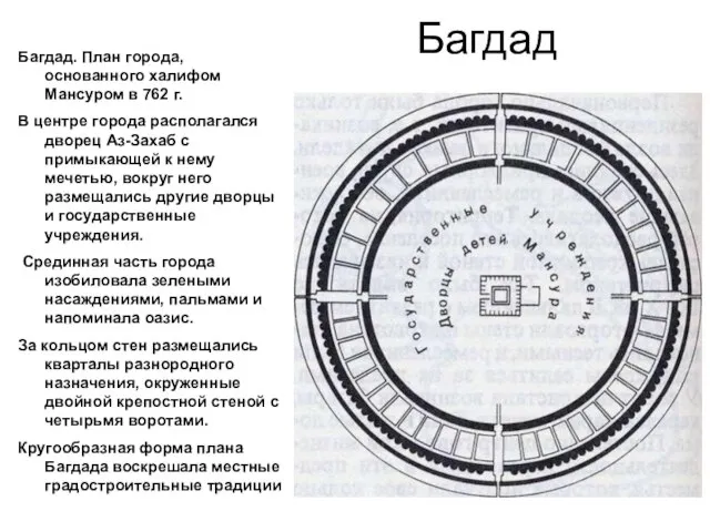 Багдад Багдад. План города, основанного халифом Мансуром в 762 г. В центре