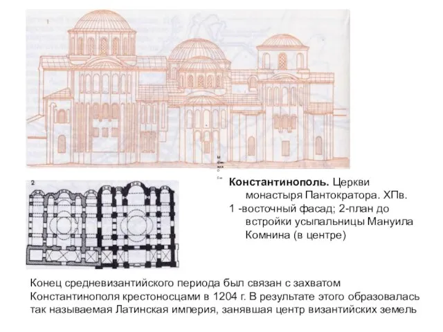 Константинополь. Церкви монастыря Пантократора. ХПв. 1 -восточный фасад; 2-план до встройки усыпальницы