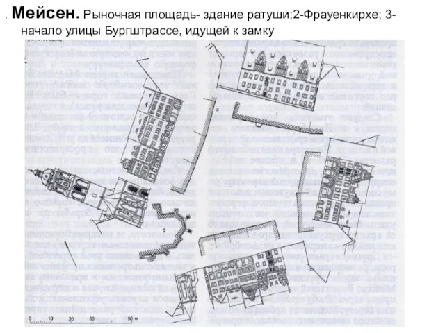 . Мейсен. Рыночная площадь- здание ратуши;2-Фрауенкирхе; 3-начало улицы Бургштрассе, идущей к замку