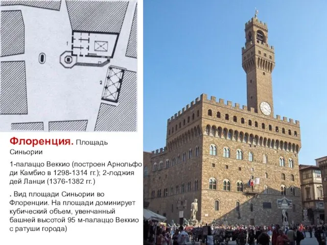Флоренция. Площадь Синьории 1-палаццо Веккио (построен Арнольфо ди Камбио в 1298-1314 гг.);