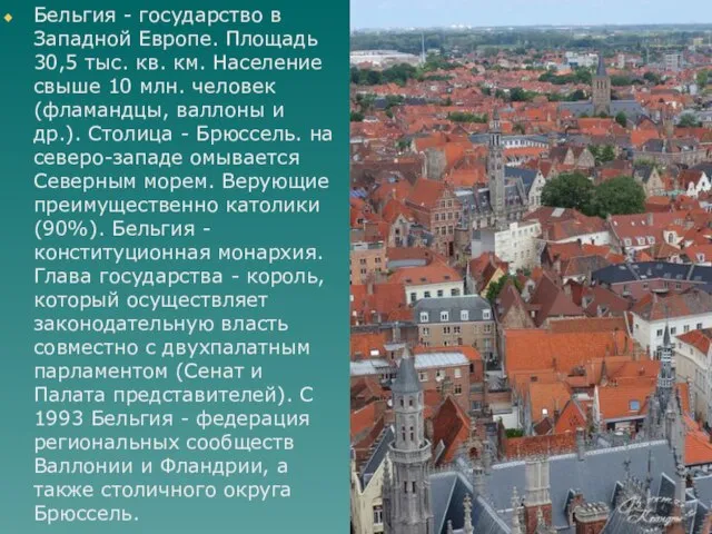 Бельгия - государство в Западной Европе. Площадь 30,5 тыс. кв. км. Население