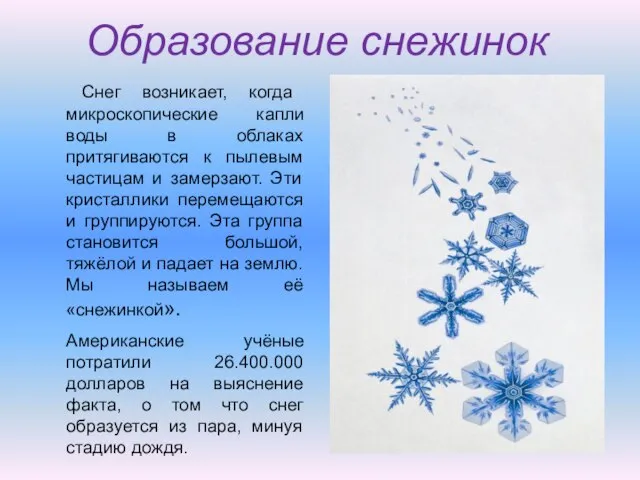 Образование снежинок Снег возникает, когда микроскопические капли воды в облаках притягиваются к