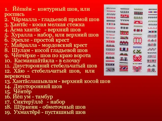 1. Йěпкěн - контурный шов, или роспись 2. Чăрмалла - гладьевой прямой