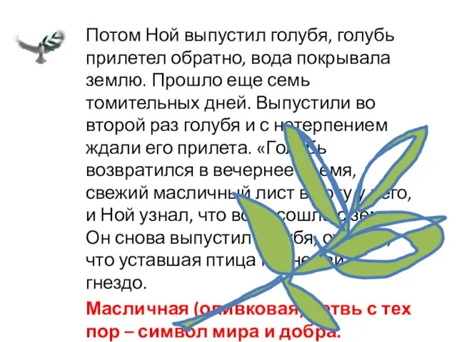 Потом Ной выпустил голубя, голубь прилетел обратно, вода покрывала землю. Прошло еще