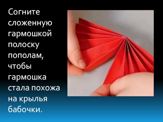 Согните сложенную гармошкой полоску пополам, чтобы гармошка стала похожа на крылья бабочки.