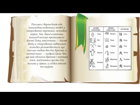 Письмо є даром богів або винаходом видатних людей у стародавніх переказах, легендах,