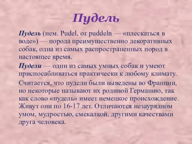 Пудель Пудель (нем. Pudel, от puddeln — «плескаться в воде») — порода