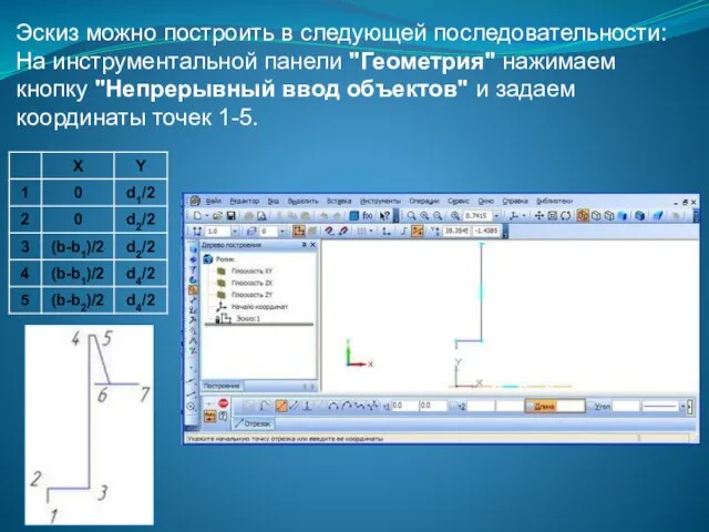 Эскиз можно построить в следующей последовательности: На инструментальной панели "Геометрия" нажимаем кнопку