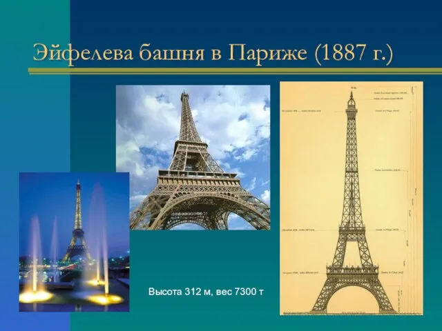 Эйфелева башня в Париже (1887 г.) Высота 312 м, вес 7300 т