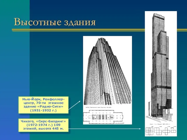 Высотные здания Нью-Йорк, Рокфеллер-центр, 70-ти этажное здание «Радио-Сити» (1931-1932 г.) Чикаго, «Сирс-билдинг»