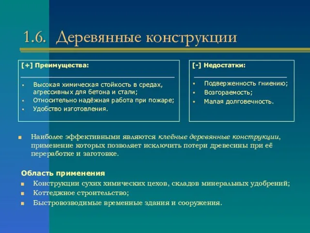 1.6. Деревянные конструкции [+] Преимущества: Высокая химическая стойкость в средах, агрессивных для