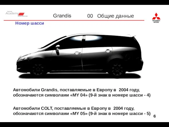 Номер шасси Автомобили Grandis, поставляемые в Европу в 2004 году, обозначаются символами