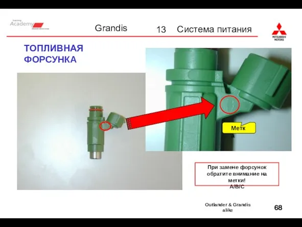 Метка ТОПЛИВНАЯ ФОРСУНКА При замене форсунок обратите внимание на метки! A/B/C 13